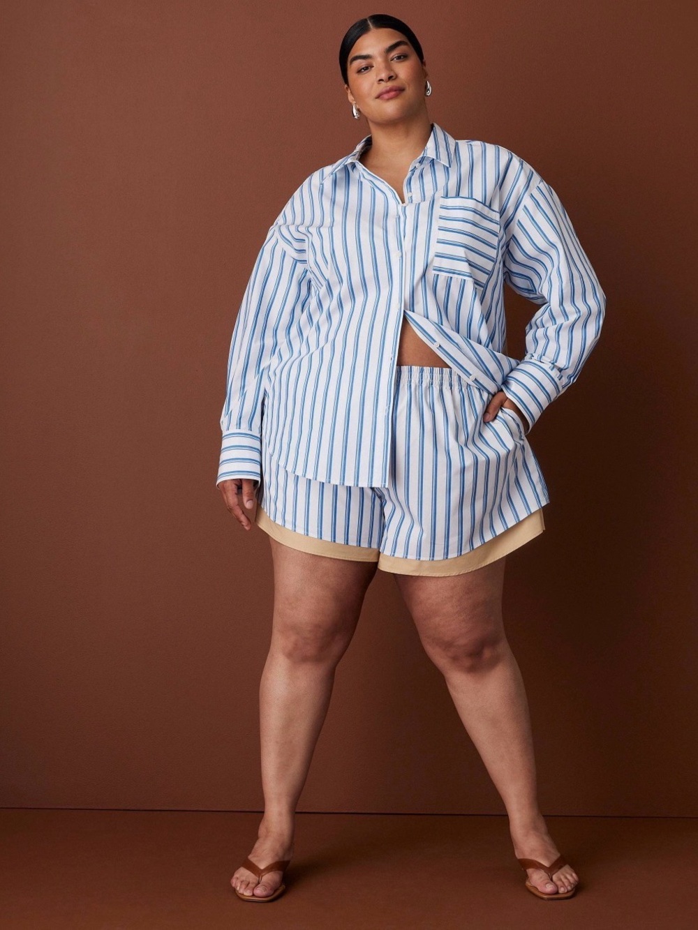 Rosie Assoulin Blue and White Striped Shorts with Tan Trim